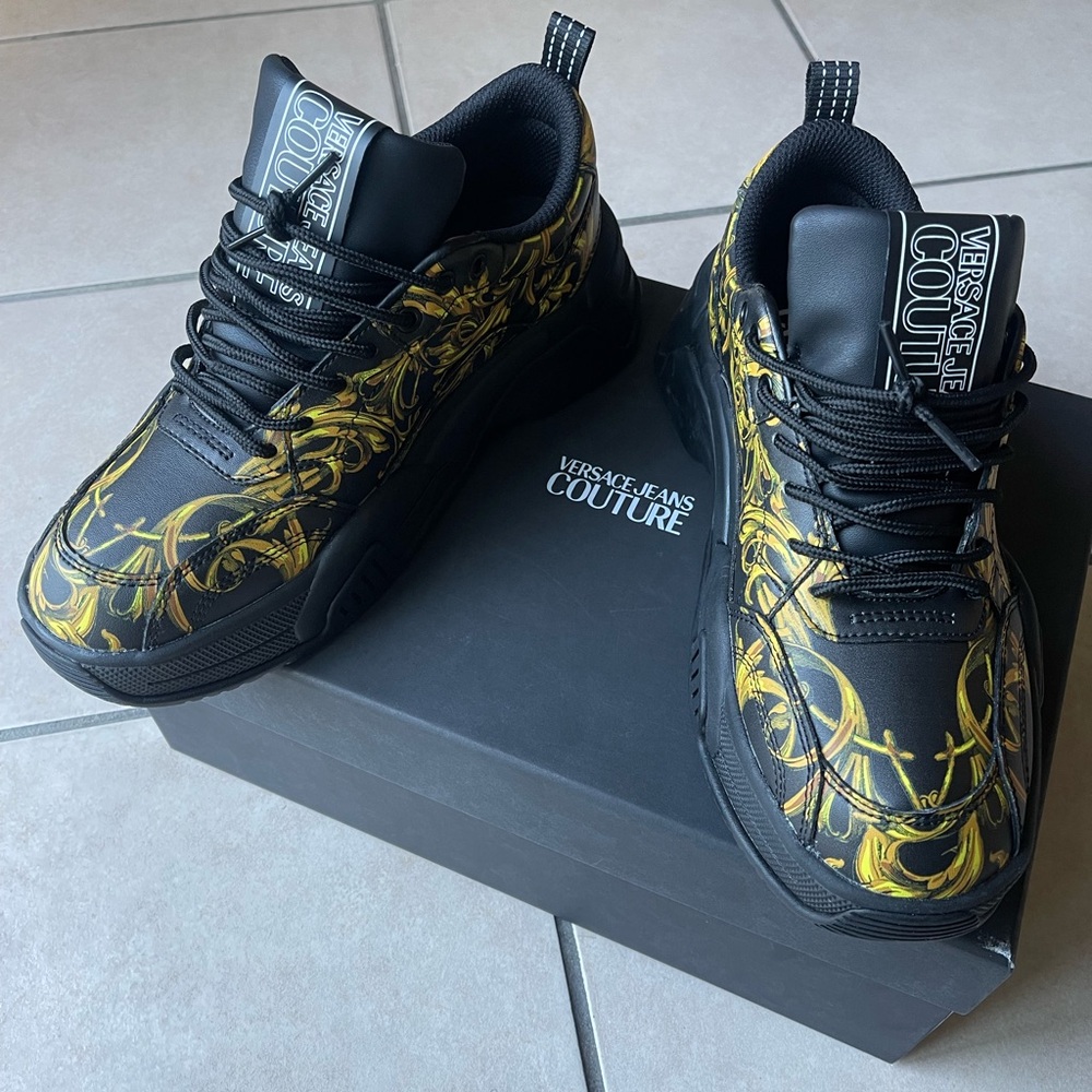 Versace Jeans Collection Black and Gold Baroque Sneakers